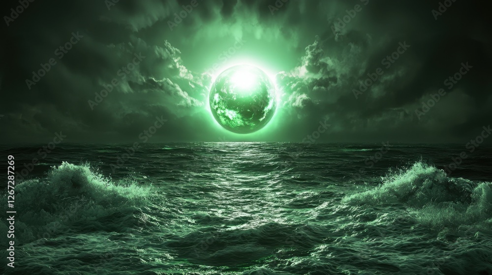 Fototapeta premium A spacecraft entering the orbit of an uncharted planet with glowing green oceans