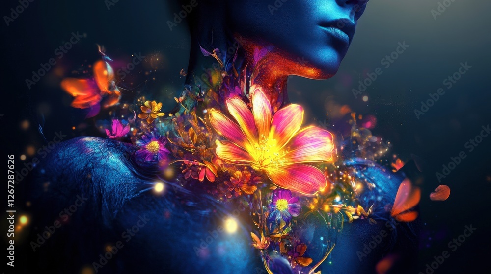 Vibrant Abstract Portrait with Glowing Flowers and Butterflies Vibrant Abstract Portrait with Glowing Flowers and Butterflies