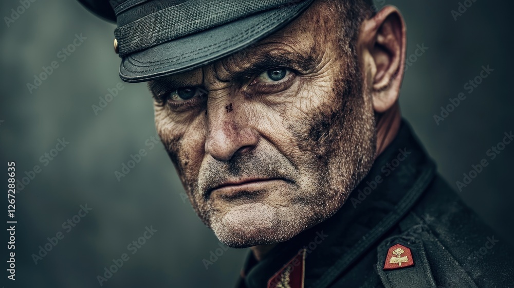 Wartime Soldier's Stern Gaze in Outdoor Setting Wartime Soldier's Stern Gaze in Outdoor Setting
