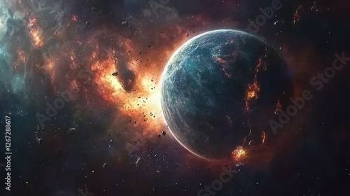 Wallpaper Mural A stunning planetary collision in deep space, with debris and fiery explosions. Torontodigital.ca