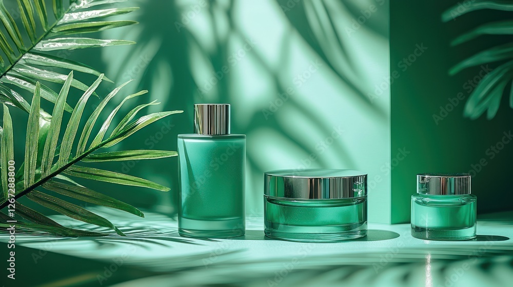 Fototapeta premium Green beauty products on green background, palm leaf shadows, skincare ad