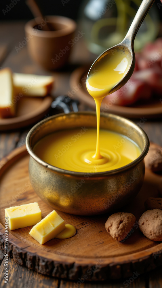 Beef Tallow being poured into a metal pot on a wooden board with cheese and cookies. Beef Tallow being poured into a metal pot on a wooden board with cheese and cookies.