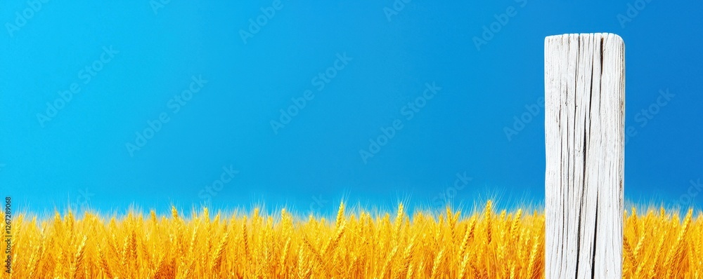 Golden Wheat Field Under Blue Sky with Weathered Wooden Post Golden Wheat Field Under Blue Sky with Weathered Wooden Post