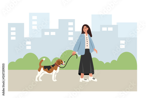 Woman Walking Her Beagle. People with her animal. Girl with pet. Cute beagle walking with people. People with dog in the park.