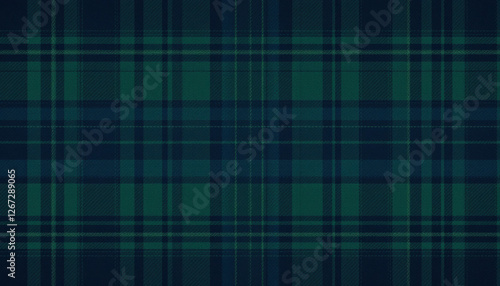 Textured plaid design with deep green and navy blue hues, thick and thin stripes in classic tartan style