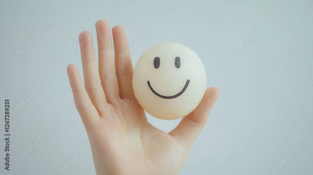 Hand Holding a Smiley Face Ball in a Bright Minimalist Setting Hand Holding a Smiley Face Ball in a Bright Minimalist Setting