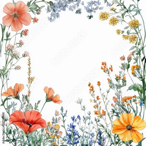 Vintage Square Frame Adorned with Watercolor Summer Meadow Flowers for a Botanical Touch