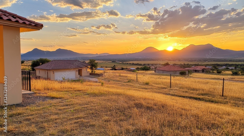 Fototapeta premium Golden Sunset Over Mountainous Landscape with Houses