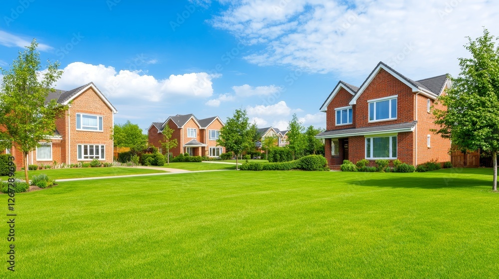 Beautiful suburban neighborhood with well-maintained lawns and modern brick houses under a clear sky Beautiful suburban neighborhood with well-maintained lawns and modern brick houses under a clear sky
