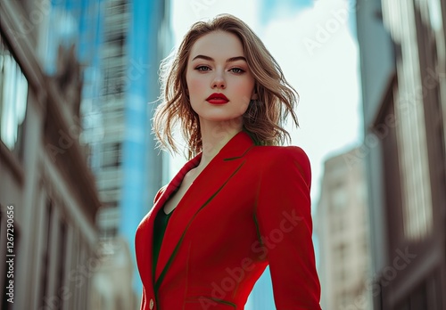 A beautiful woman in a red suit poses on the street, with shiny gold buttons and pearl details, standing tall against an urban backdrop