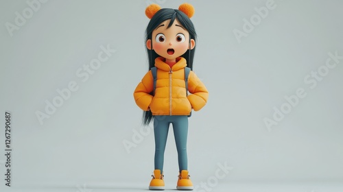 Astounded 3D Cartoon Girl in Bright Orange Puffer Jacket