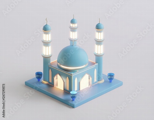 3D miniature mosque glows softly in the night