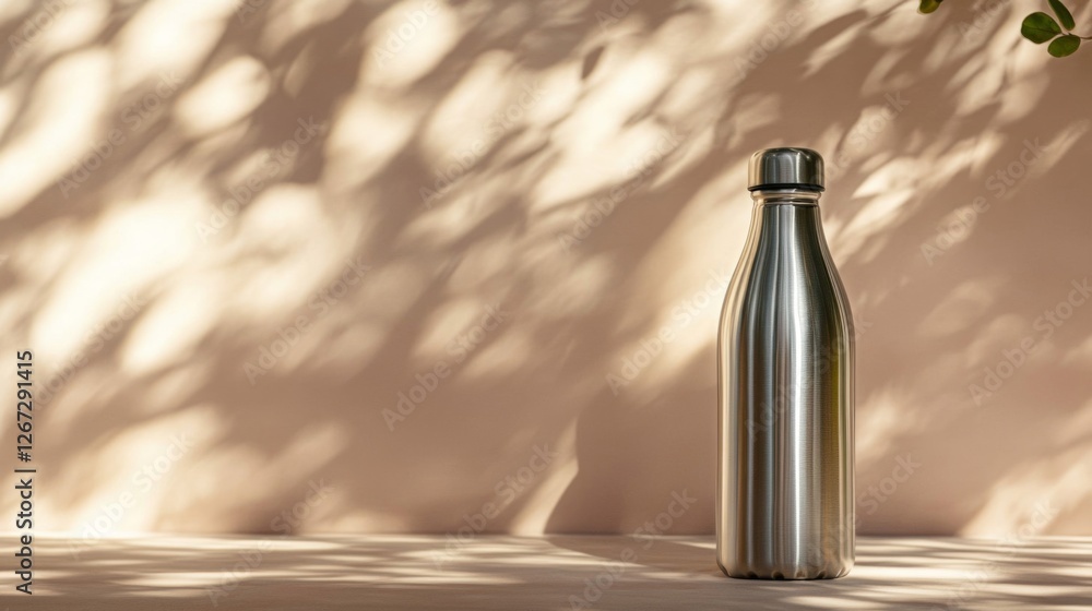 Metallic Water Bottle Against Beige Background With Leaf Shadows Metallic Water Bottle Against Beige Background With Leaf Shadows