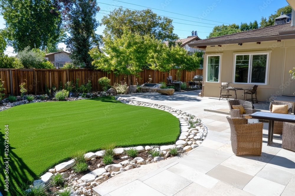 Obraz premium Landscaped Backyard with Green Lawn and Stone Patio