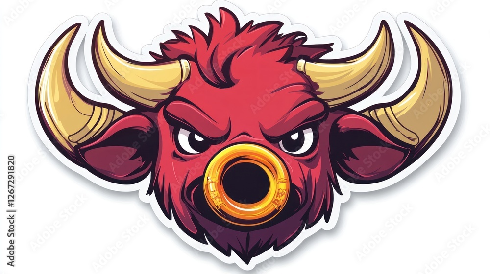 Obraz premium Angry cartoon bull mascot head logo icon with a gold nose ring for children's illustration design