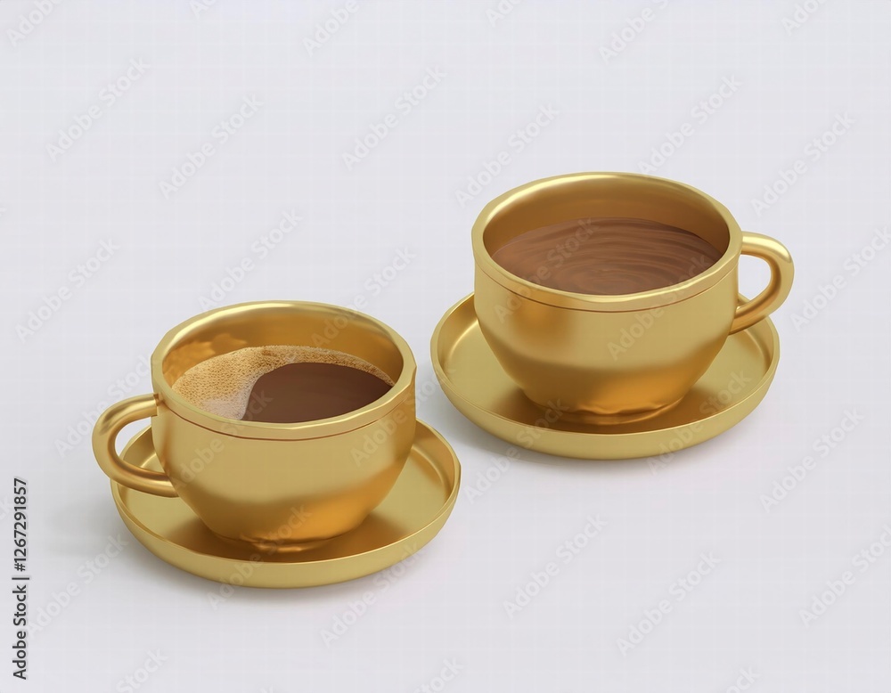 3D Two golden cups of coffee sit on saucers 3D Two golden cups of coffee sit on saucers