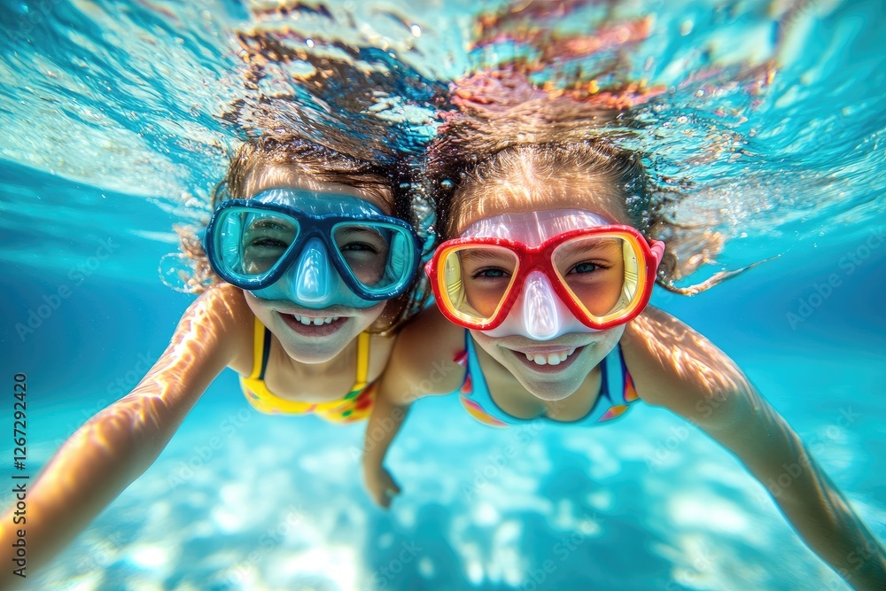 Naklejka premium Two children wearing colorful swimsuits and snorkel gear, swimming underwater in clear blue water near the beach with their mother
