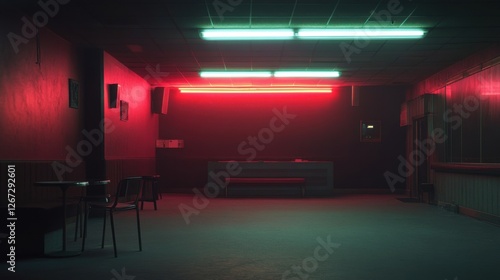 empty bar at night neon lights red green