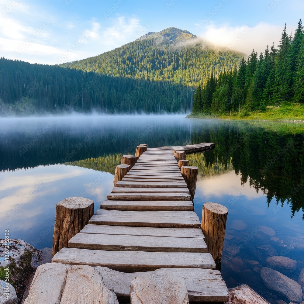 Misty Mountain Lake with Wooden Dock at Sunrise Misty Mountain Lake with Wooden Dock at Sunrise