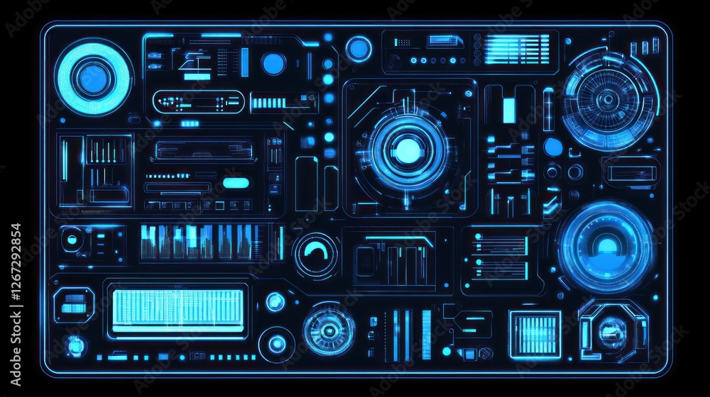 Fototapeta premium Futuristic control panel interface, glowing blue display, complex technology, dark background