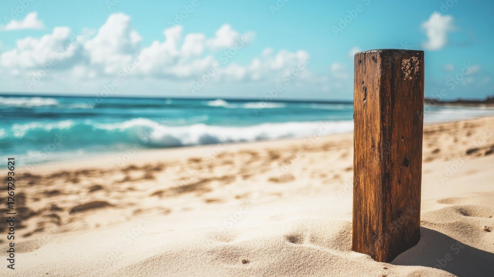 Wooden Post on Beach, Ocean Background Wooden Post on Beach, Ocean Background