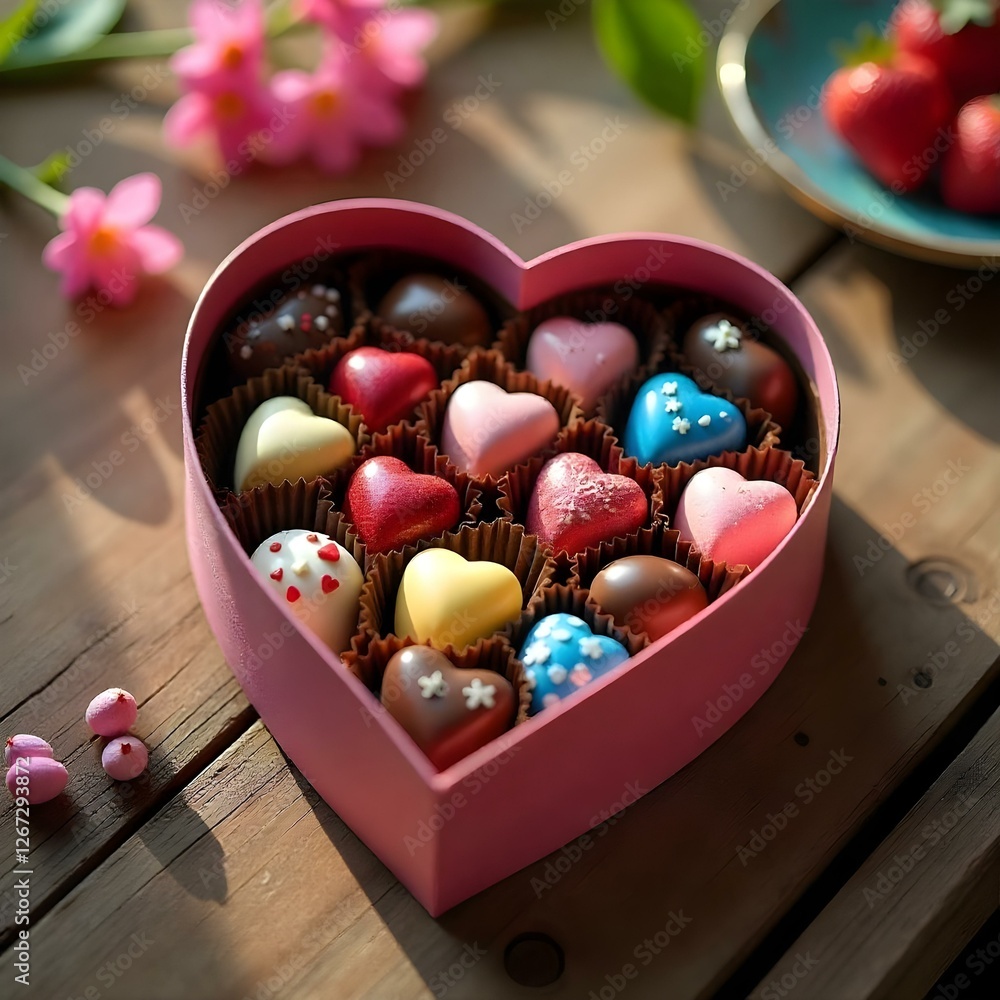 two chocolate boxs.with blue, pink and yellow, red and white heart chocolate . two chocolate boxs.with blue, pink and yellow, red and white heart chocolate .
