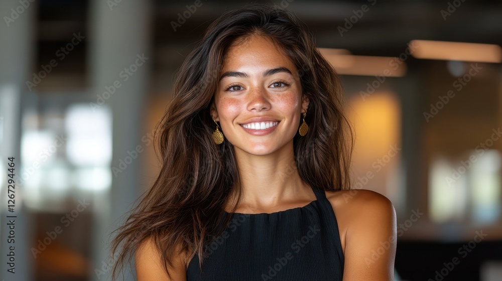 A happy young woman smiles brightly in a modern office environment, showcasing a sense of professionalism blended with personality, and an inviting atmosphere of productivity. A happy young woman smiles brightly in a modern office environment, showcasing a sense of professionalism blended with personality, and an inviting atmosphere of productivity.