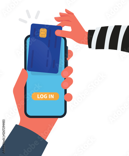 Thief. Hacker stealing sensitive data and money from credit card. Useful for anti phishing and internet viruses campaigns. concept hacking internet social network stock illustration