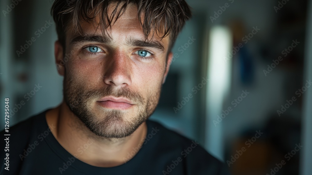 This portrait showcases a young man with striking blue eyes, embodying confidence and intensity, set against a softly blurred, neutral background that enhances his features. This portrait showcases a young man with striking blue eyes, embodying confidence and intensity, set against a softly blurred, neutral background that enhances his features.