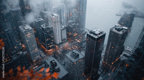 Aerial view of cityscape at night, fog, urban. Possible use Stock photo photo