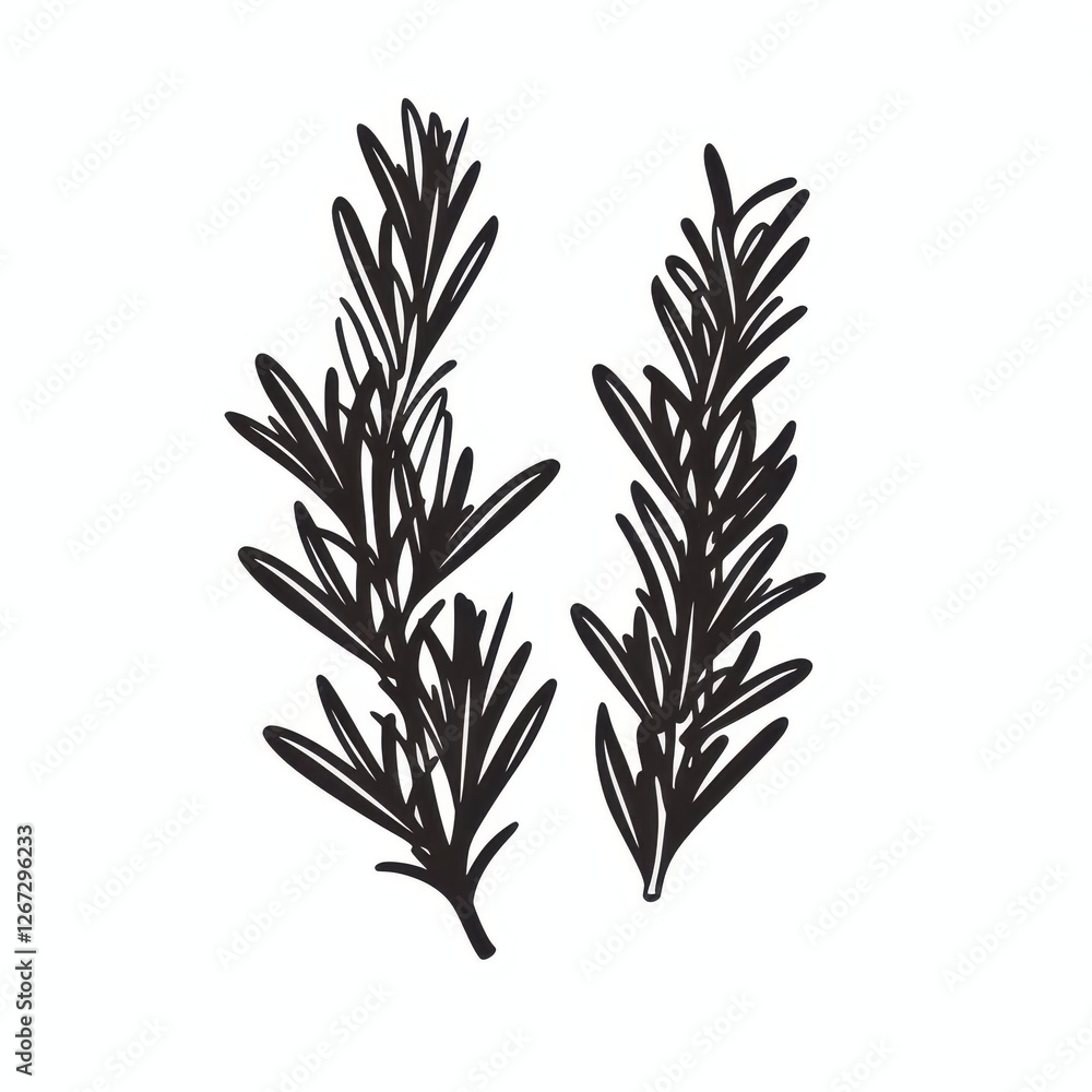 Fototapeta premium Hand drawn Rosemary Sprigs Culinary Herb Black and White Illustration Botanical Line Art Kitchen