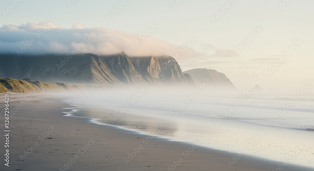 Misty Beach Landscape with Mountain Backdrop and Serene Coastal Scenery Misty Beach Landscape with Mountain Backdrop and Serene Coastal Scenery