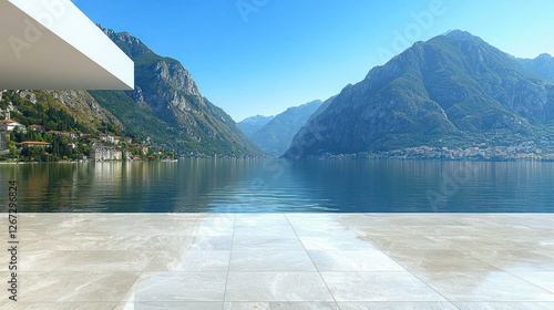 Fototapeta Naklejka Na Ścianę i Meble -  Empty terrace overlooking serene lake and mountain landscape, ideal for relaxation