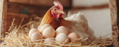 hen brooding over eggs in cozy nest of straw, showcasing nurturing behavior and warmth photo