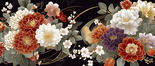 幾何学的な花イメージの着物柄