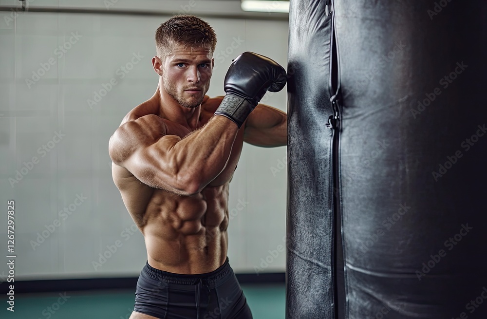 A muscular man with short hair and stubble poses in front of the punching bag while boxing, looking at the camera. A muscular man with short hair and stubble poses in front of the punching bag while boxing, looking at the camera.