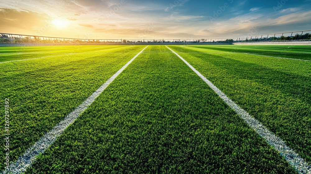 Obraz premium Empty turf sports field at sunset, ready for game