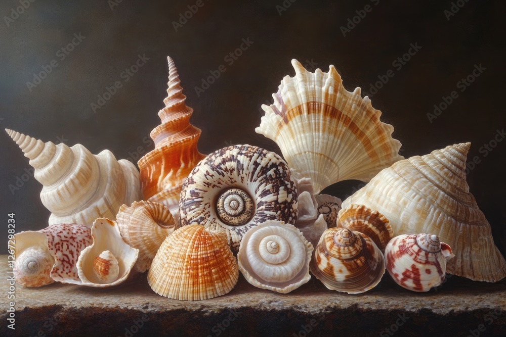 A collection of seashells, showcasing diverse shapes, colors, and textures, arranged artfully on a dark background. A collection of seashells, showcasing diverse shapes, colors, and textures, arranged artfully on a dark background.