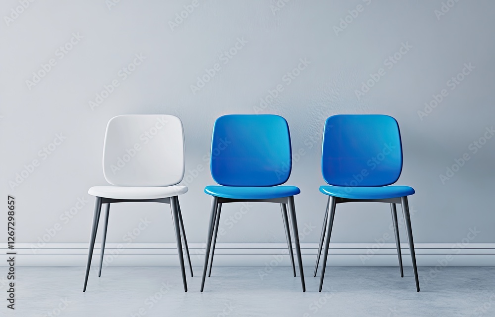 Three chairs, one different, waiting room, gray walls Three chairs, one different, waiting room, gray walls