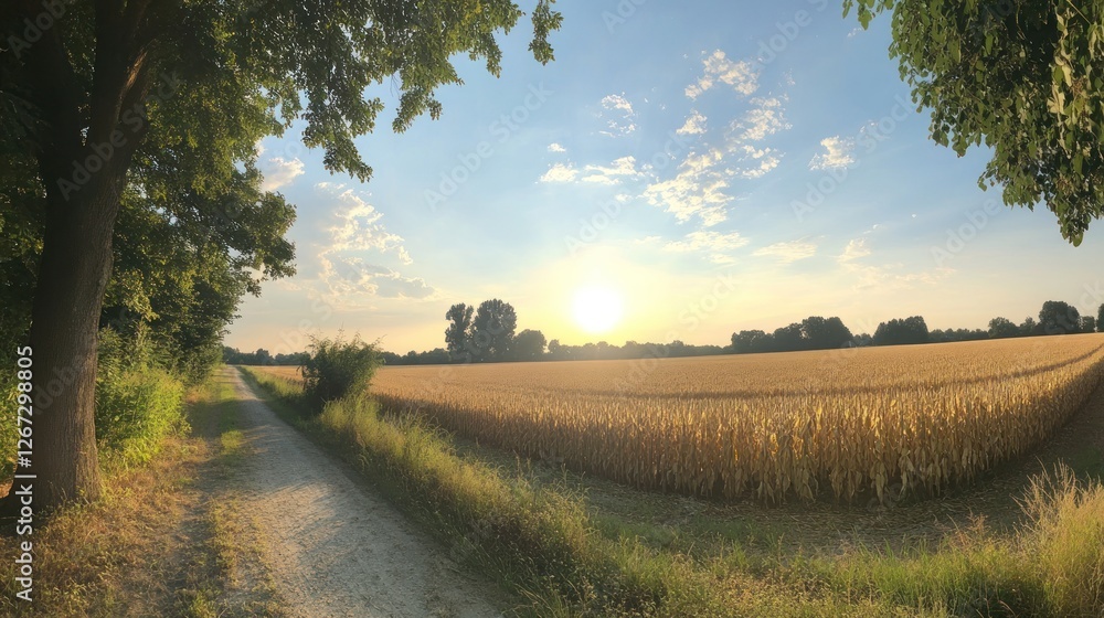 Fototapeta premium Rural Countryside Path Cornfield Sunset Scene