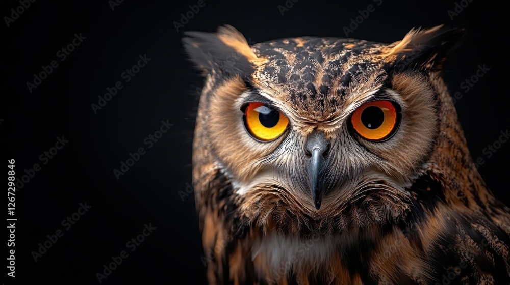 An extraordinary close-up of an owl showcasing its regal features, highlighted by prominent orange eyes and feather textures, framed by a dark background. An extraordinary close-up of an owl showcasing its regal features, highlighted by prominent orange eyes and feather textures, framed by a dark background.