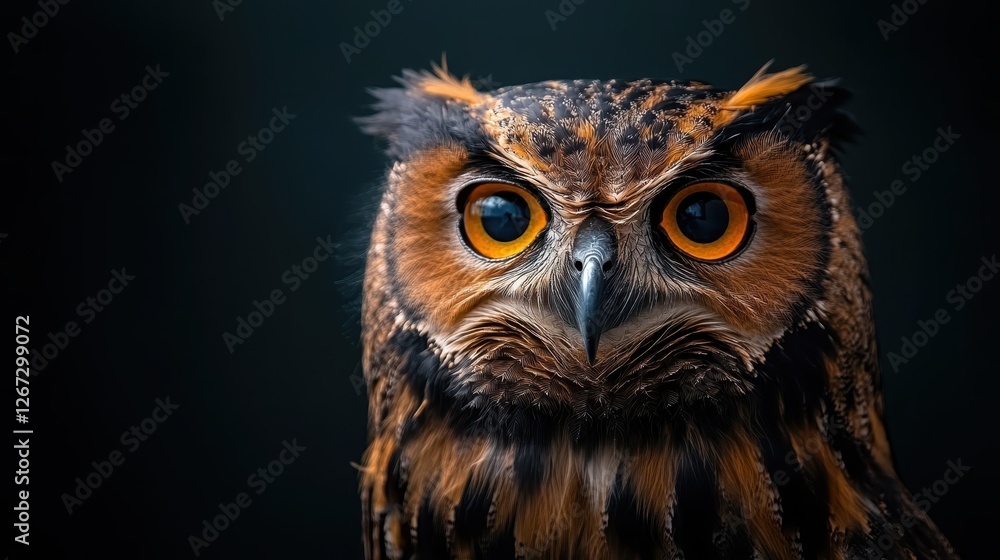 A powerful representation of an owl with fierce orange eyes and detailed feathers, showcasing its commanding presence against a contrasting dark background. A powerful representation of an owl with fierce orange eyes and detailed feathers, showcasing its commanding presence against a contrasting dark background.