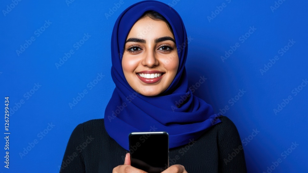 Empowering woman using smartphone blue background portrait studio close-up confidence and connectivity Empowering woman using smartphone blue background portrait studio close-up confidence and connectivity