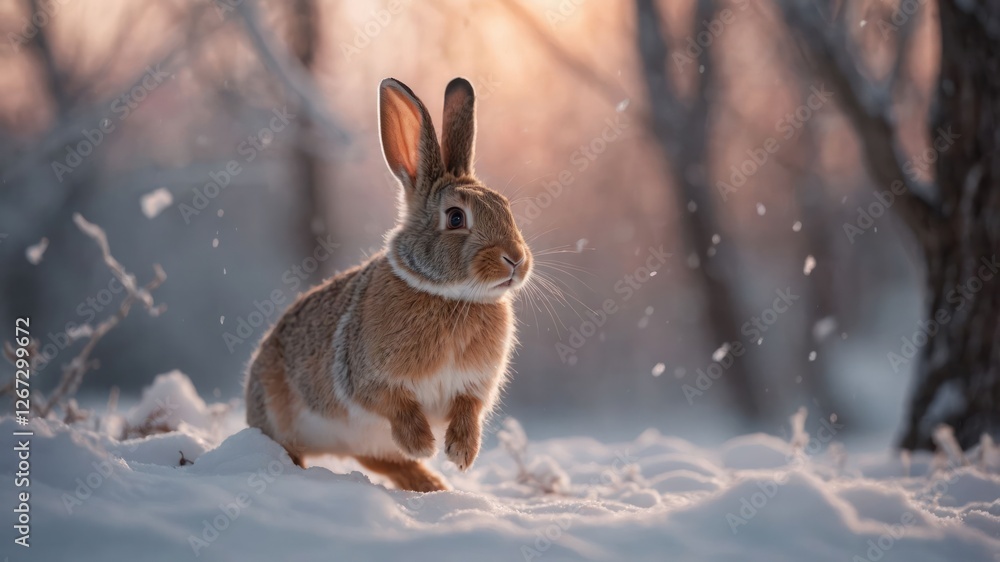A rabbit hops through a snowy landscape during a tranquil winter scene. A rabbit hops through a snowy landscape during a tranquil winter scene.