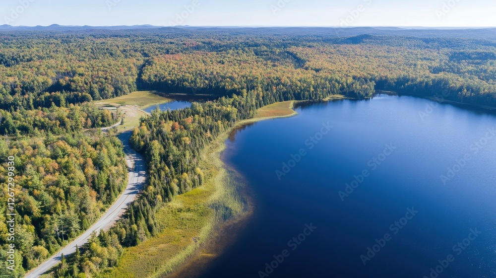 Aerial view of lush forest and pristine lake in scenic landscape Aerial view of lush forest and pristine lake in scenic landscape