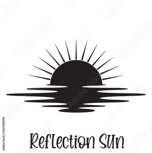 sun Black vector silhouettes icon. Vector template sun reflection in water. Sunset and waves reflection. Illustration White background