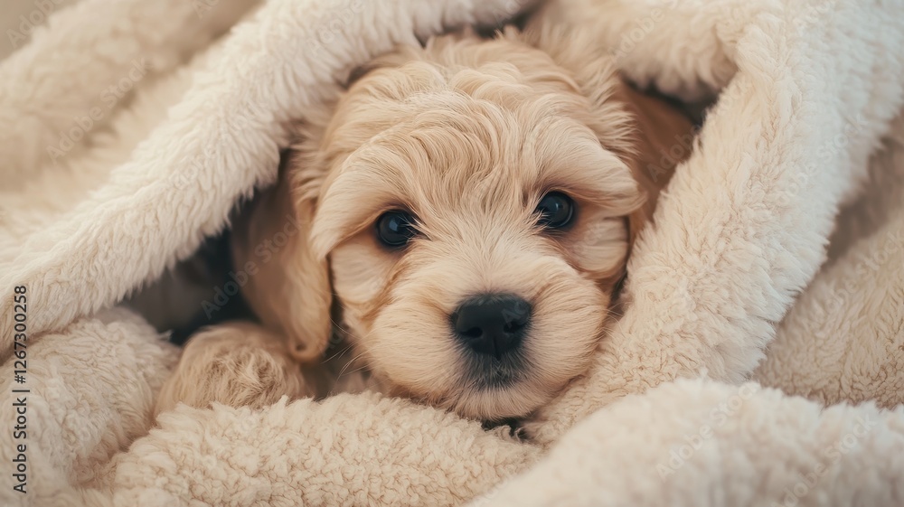 Adorable Fluffy Puppy Dog Snuggled in Soft Blanket Cozy and Cute Pet Adorable Fluffy Puppy Dog Snuggled in Soft Blanket Cozy and Cute Pet