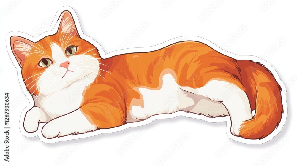 Fototapeta premium Orange cat lounging, relaxed, happy pet, isolated on white background, for decoration or sticker use