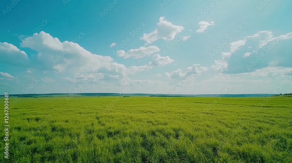 Vibrant Green Meadow Beneath Expansive Blue Sky: Stunning Aerial View of Lush Fields on a Sunny Spring Day Vibrant Green Meadow Beneath Expansive Blue Sky: Stunning Aerial View of Lush Fields on a Sunny Spring Day