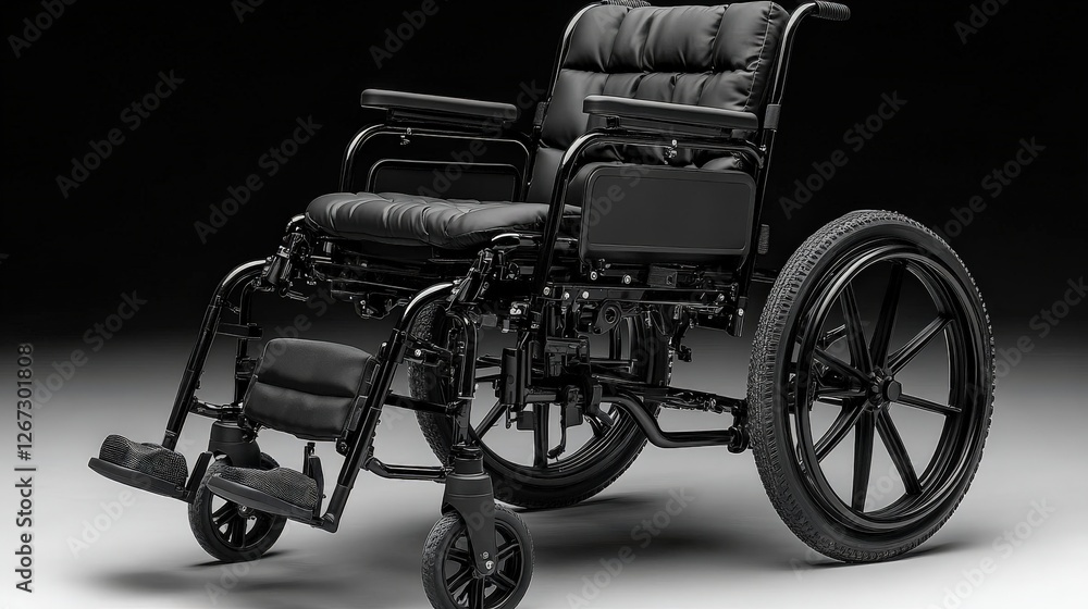 Fototapeta premium Sleek black wheelchair on a dark background, showcasing modern design and functionality